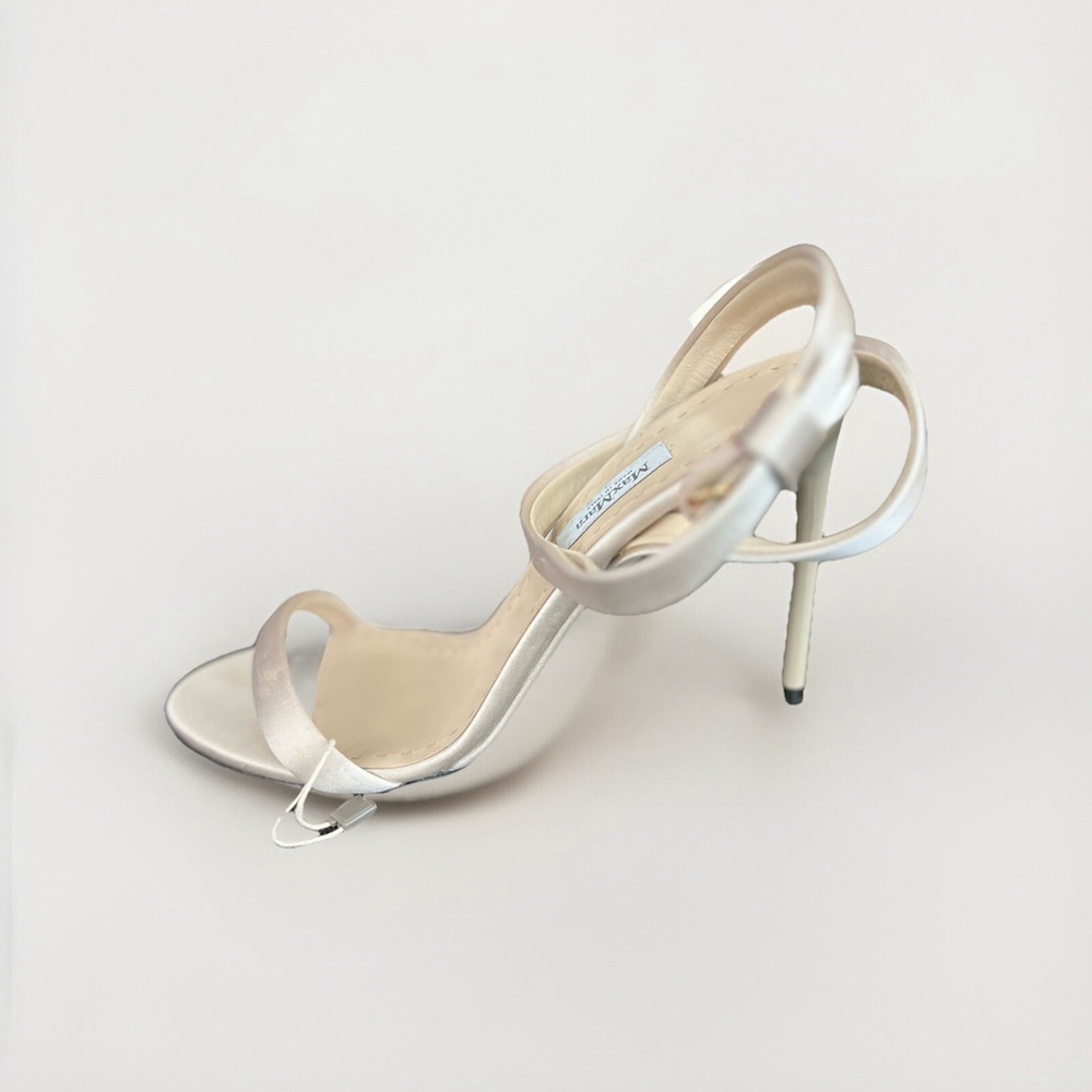 NEW Max Mara Champagne Beige Satin Wrap Buckle Heels Size 37 | 7
